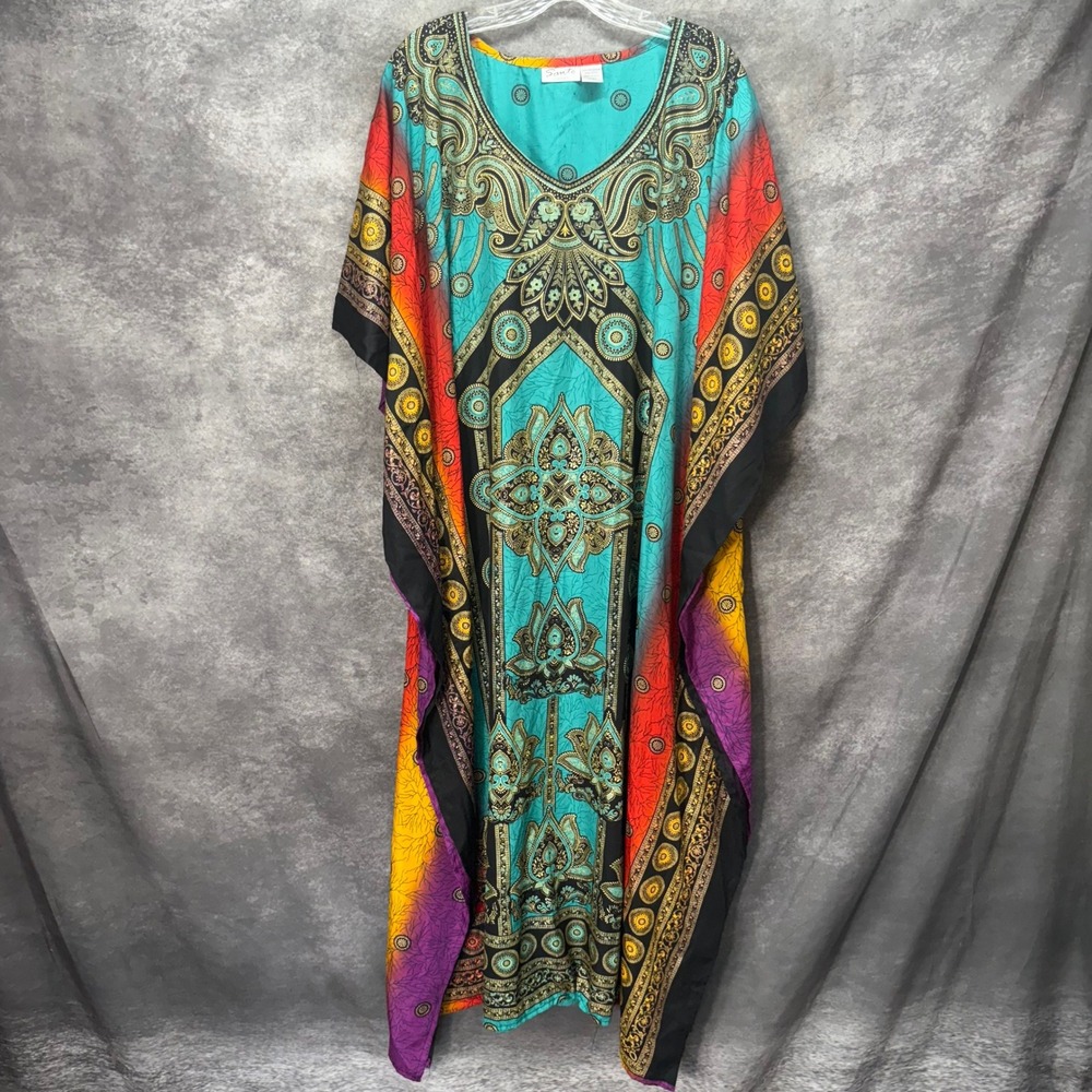 Sante Classics Paisley Kaftan Maxi Dress One Size Teal Gold Boho Resort India